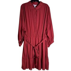 Lauren Conrad Dress Orange Swiss Dot‎ Button Front Collar Belted Midi Sz 4X  NWT